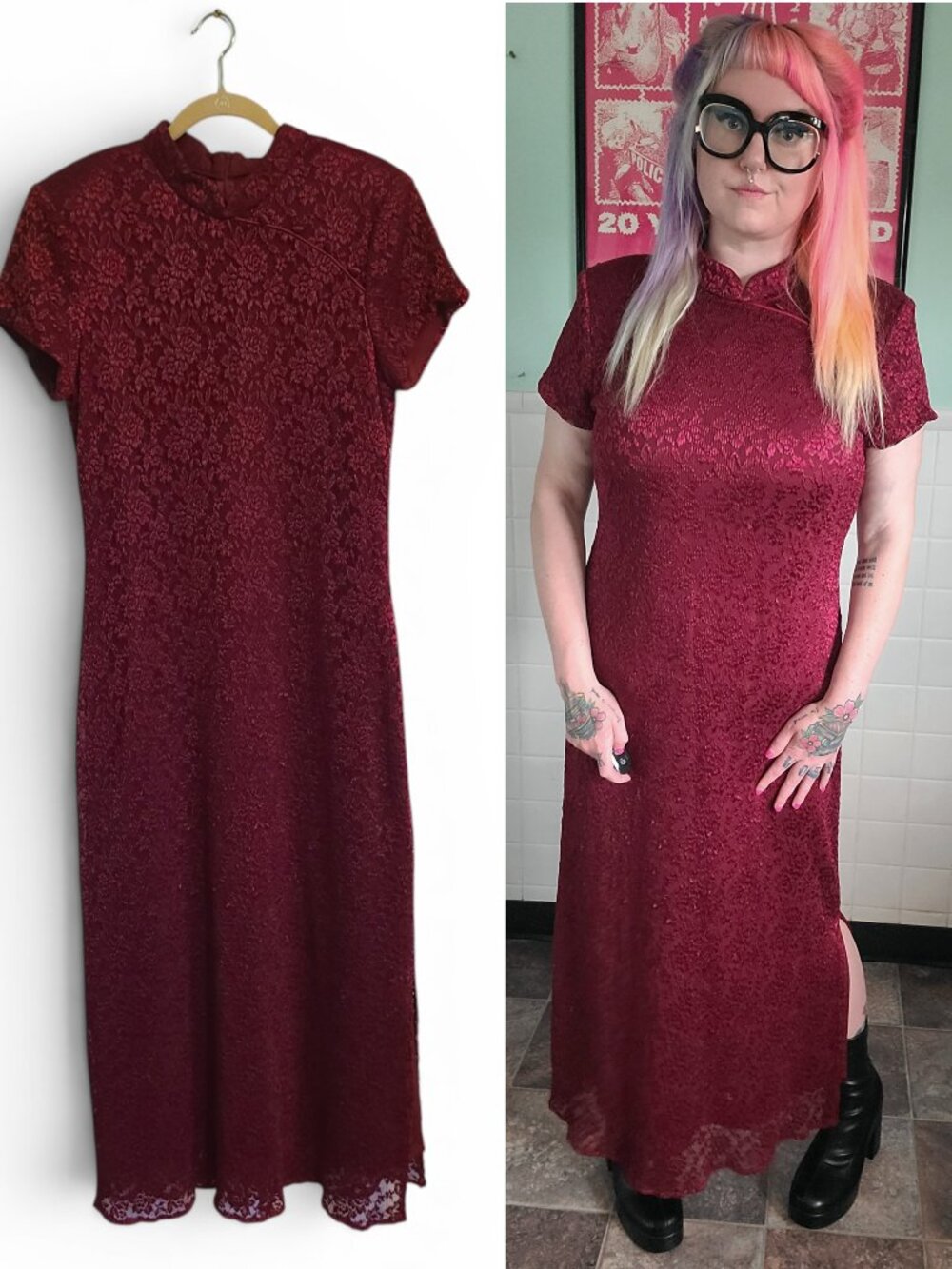 Vintage 90s Wine Red Floral Lace Side Slit Maxi Dress Whimsigoth Gothic Grunge